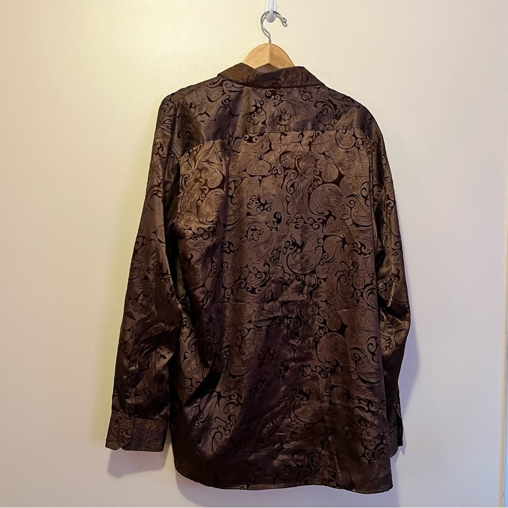Pronti Collection Brown Satin Burnout Paisley Button Up Shirt Men’s 3XL Y2K - Picture 7 of 7